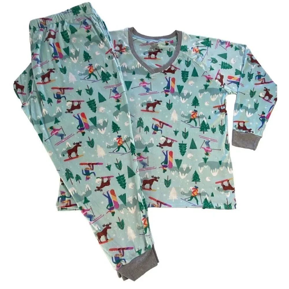 Cuddl Duds 2X Velour Long Sleeve Top & Banded Bottom Pajama Set -Blue Skier